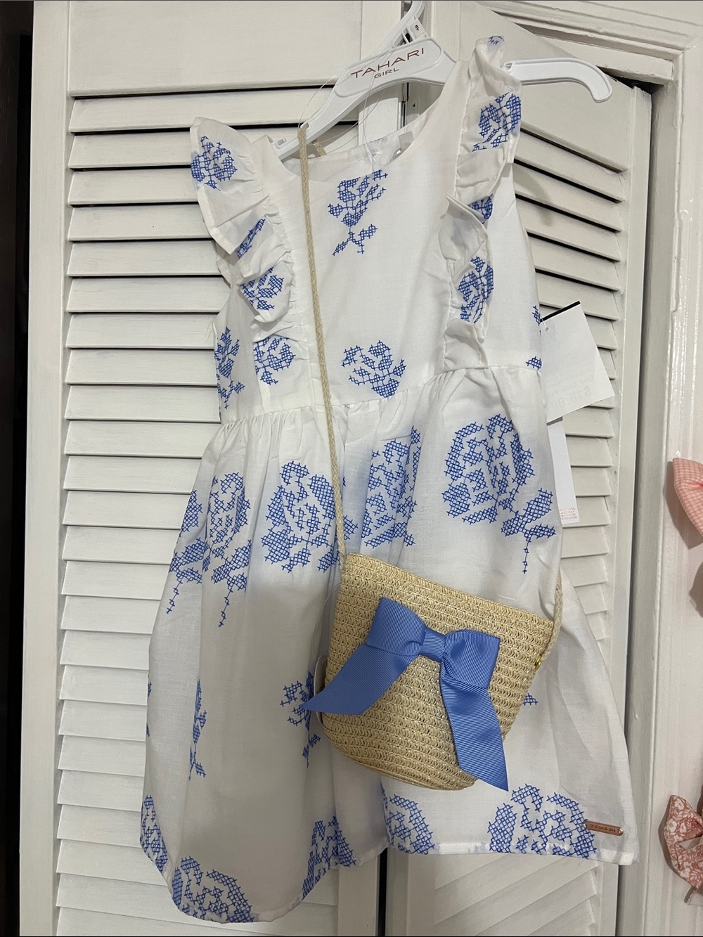 Tahari White Dress with Blue Floral Embroidery I